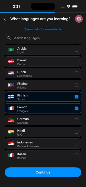 Choose your learning languages during onboarding