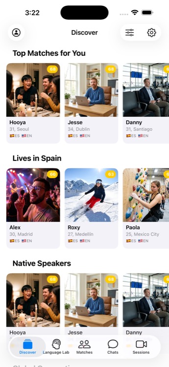 Language Match Discover screen showing curated language partner categories
