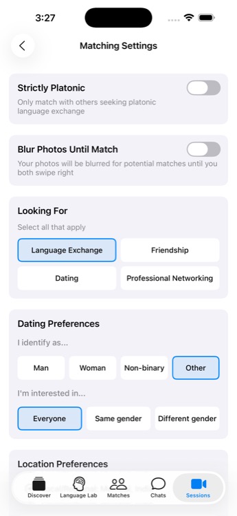 Match settings showing privacy controls and preferences