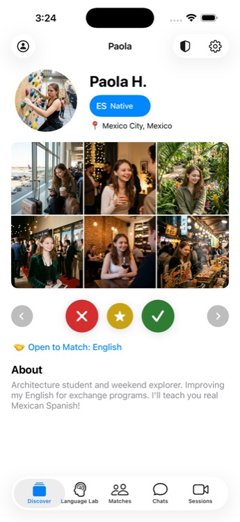 Browse profile cards with swipe to match